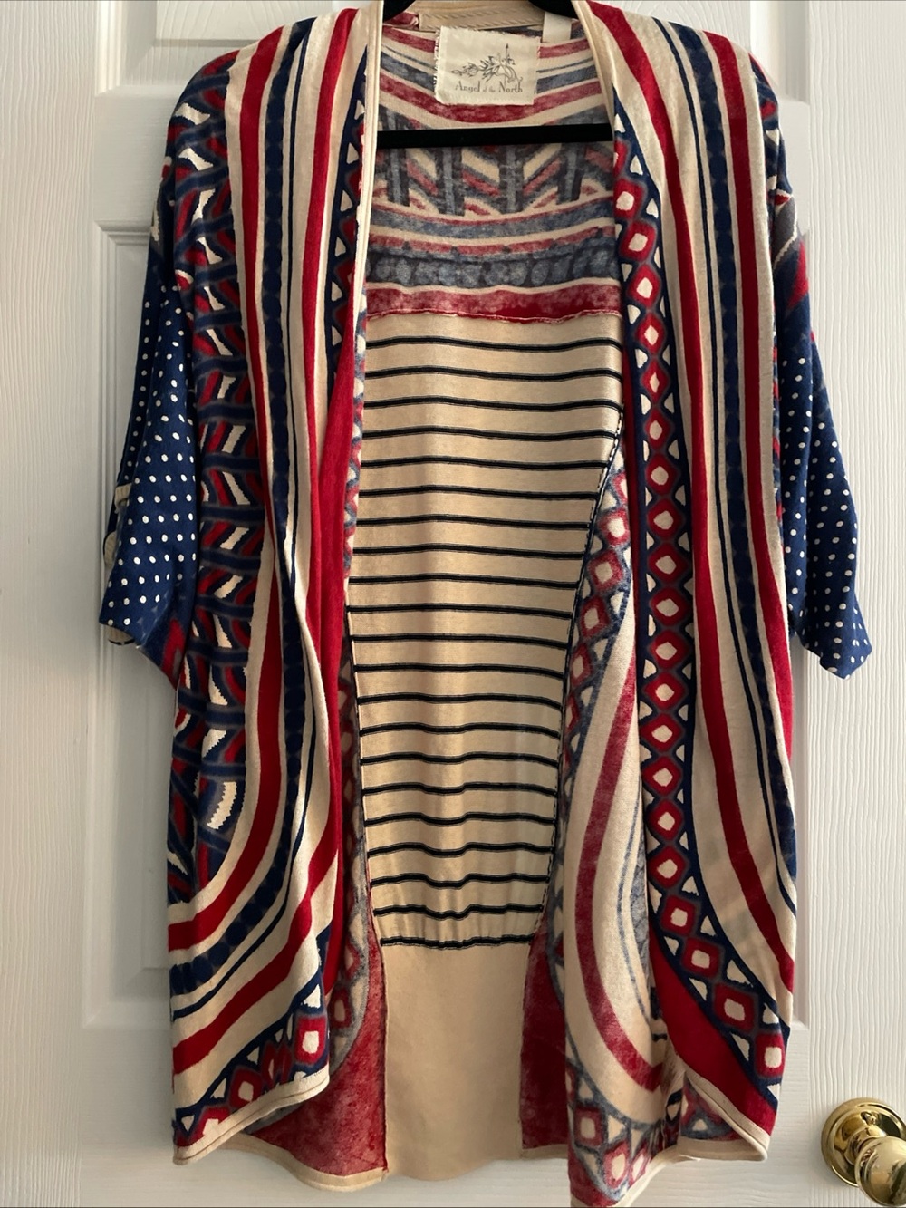 Angel Of The North Red, Navy & Cream Patterned Open Cardigan